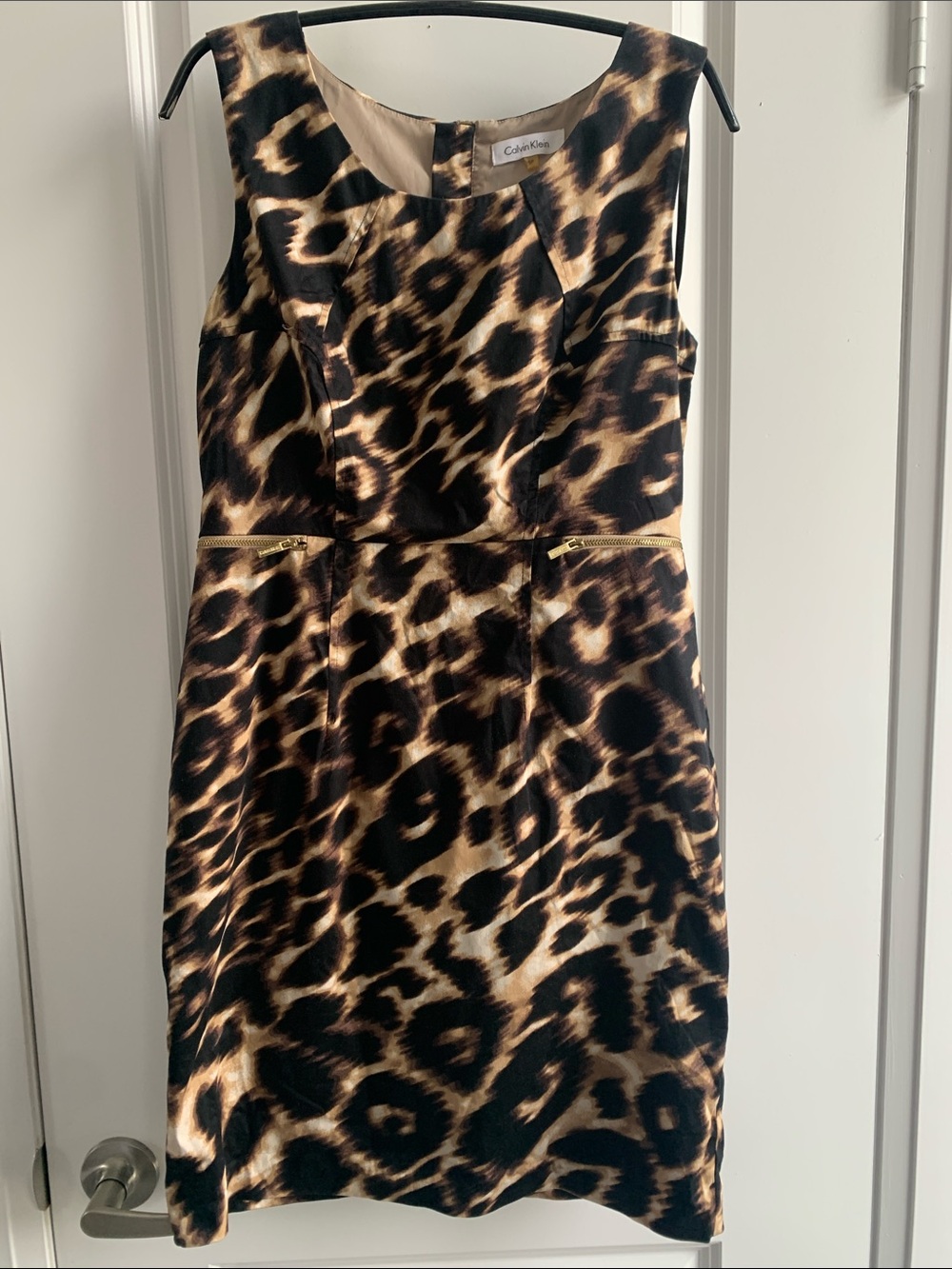 Calvin Klein Leopard Print Sheath Dress in Black and Brown